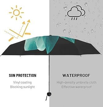 Svart paraply med tryck som visar solskydd och vattentäthet.